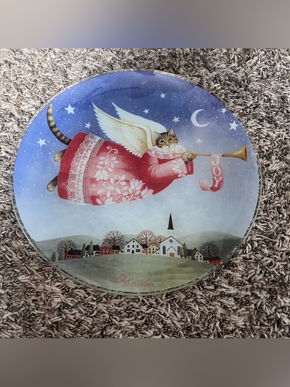 Vintage 2000 Rare Stouffer Signed Art Glass Angel Cat Holiday Round Platter 13”